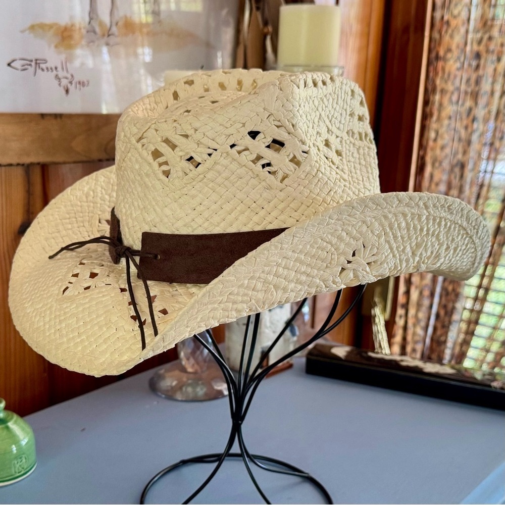 Women’s Straw Cowboy Hat Amber and Wooden Bead Western Drifter - Picture 3 of 7